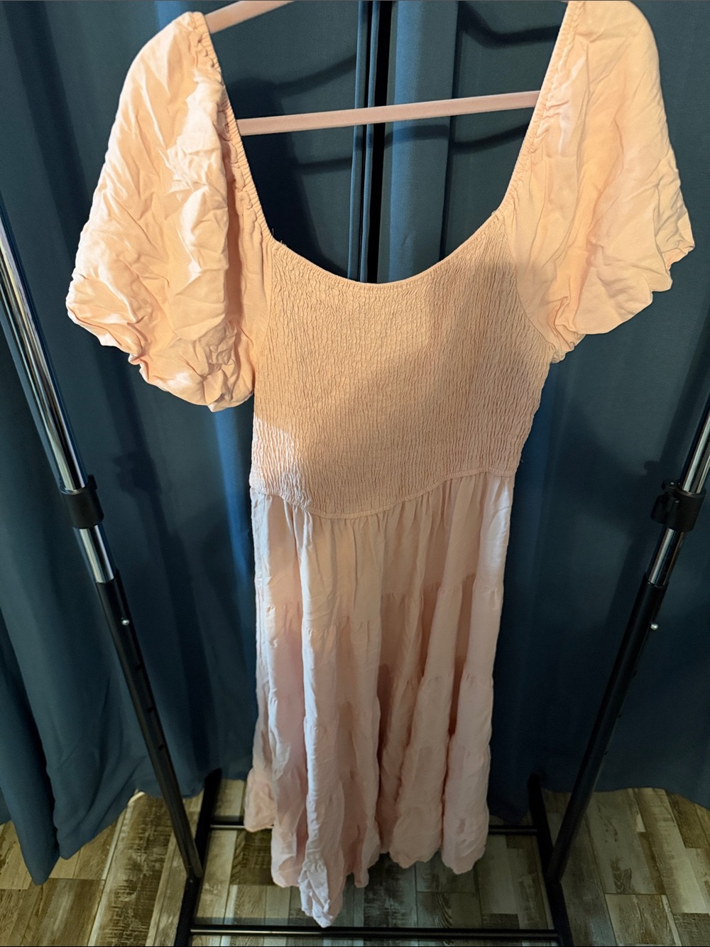 Smocked Puff-Sleeve Maxi Dress in Blush